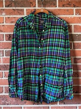 GAP Green & Blue Plaid Button-Down Women’s Shirt Large Tall